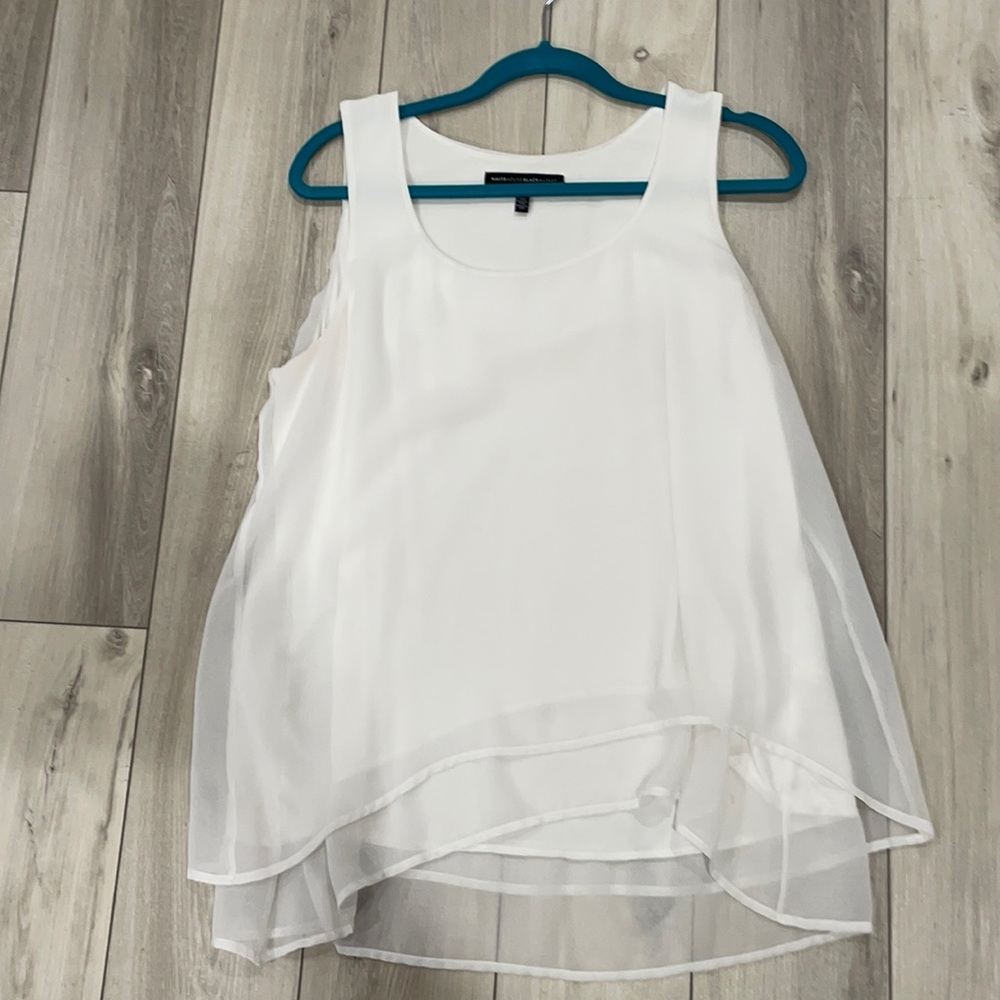 WHBM creme blouse with double sheer overlay.